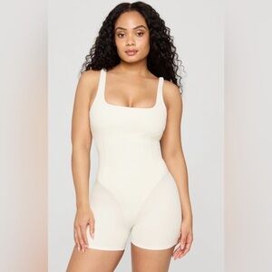 Fabletics Ivory Square-Neck Short Bodysuit with removable Bra padding.